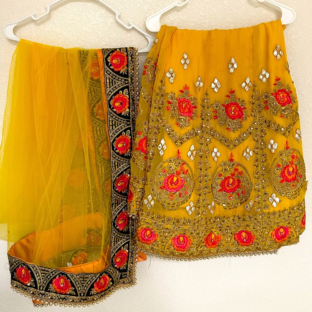 Beautiful dark Green shirt with mustard Palazzo and mustard Duppata